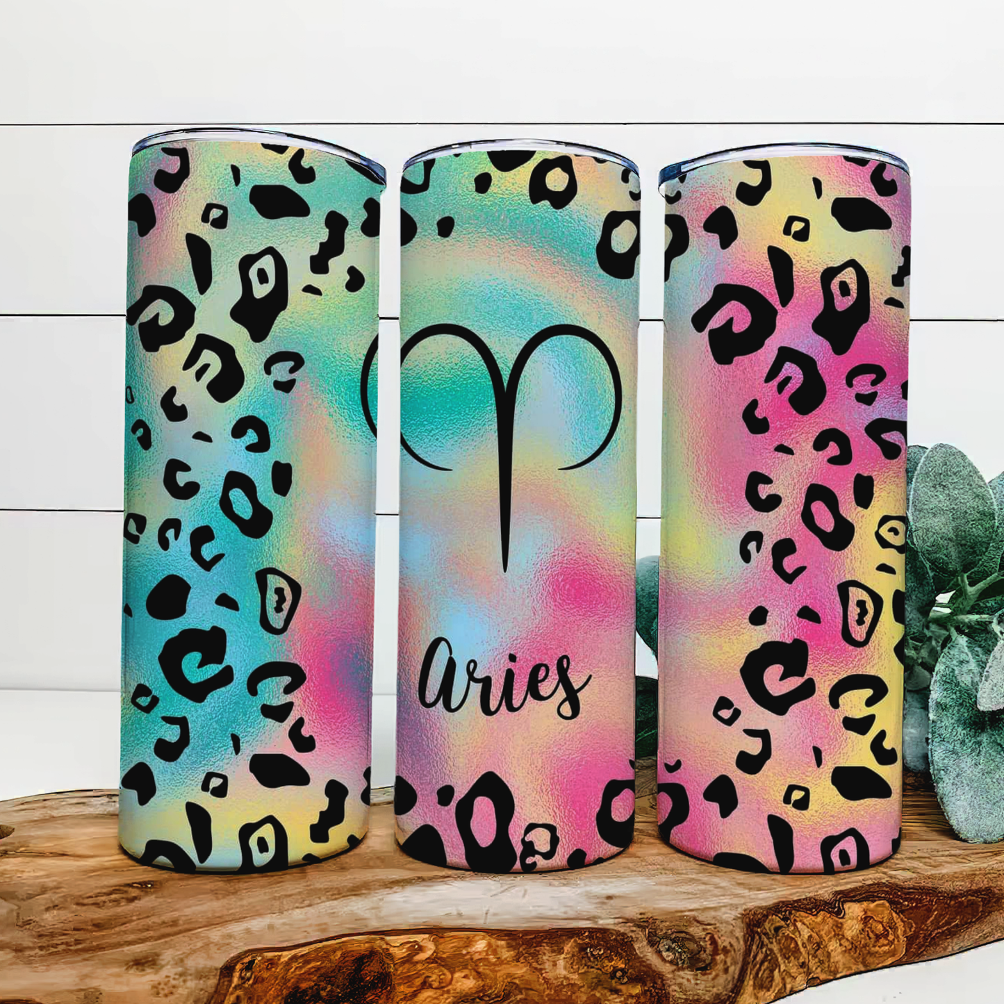 Rainbow Leopard print Aries tumbler